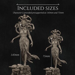 May include: Two gray resin statues of Medusa, a mythical Greek figure with snakes for hair. The statues are shown at two different sizes: 140mm and 75mm.  Character is provided presupported at 140mm and 75mm.
