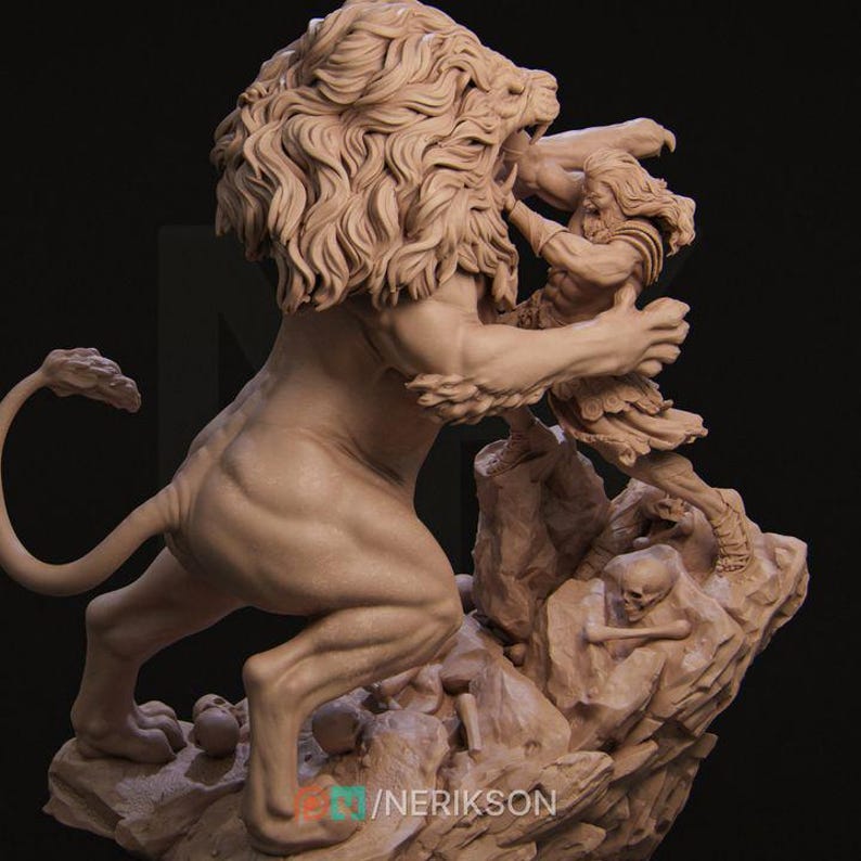 May include: A detailed sculpture of a lion and a human figure locked in a fierce battle. The lion is depicted with a powerful stance and a ferocious expression, while the human figure is shown struggling against the lion's grip. The sculpture is made of a light brown material and is set against a dark background.