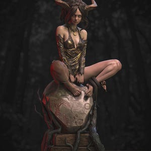May include: A fantasy sculpture of a woman with horns, wearing a gold and bronze outfit, seated on a stone globe. A snake wraps around the globe. The sculpture is set against a dark, blurred background.