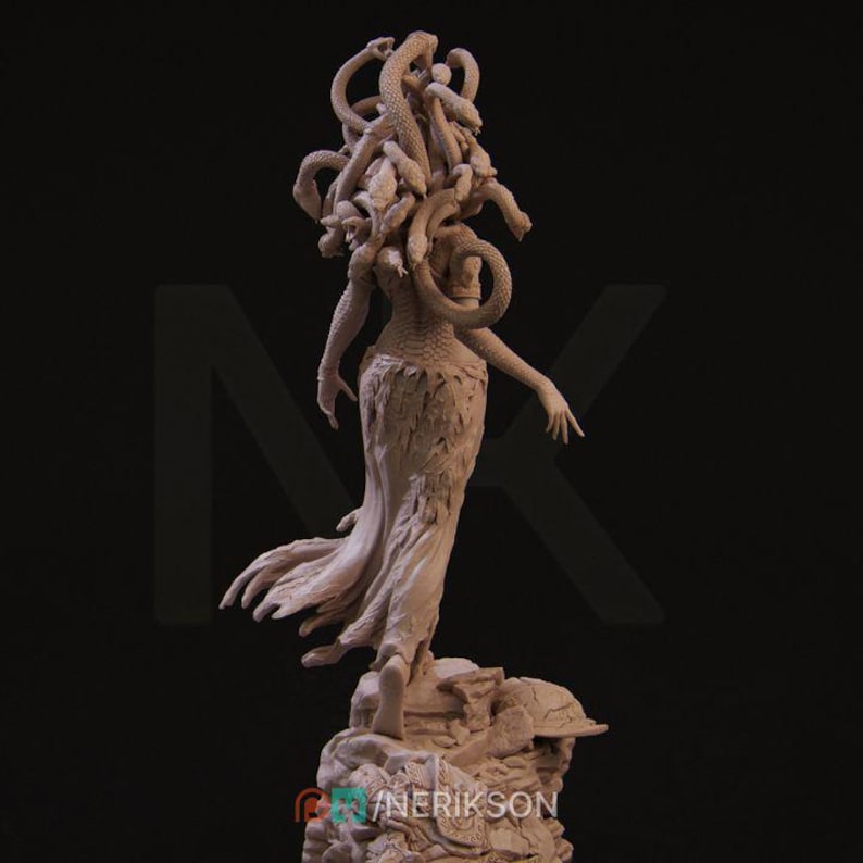 May include: A detailed sculpture of Medusa, the Greek mythological figure, with snakes for hair. The sculpture is made of a light brown material and is posed in a standing position. The sculpture is on a rocky base.