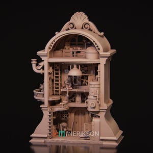 May include: A detailed, beige-colored miniature house with multiple levels, featuring a ladder, a balcony, and various interior elements. The house has an arched top with decorative details and the text "/INERIKSON" on the bottom.