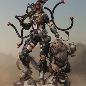 May include: A detailed figurine of a futuristic warrior in black and gold armor, holding a rifle. The warrior stands with a creature on a rocky base. The figure has glowing red accents on the helmet and tentacles. The overall theme is science fiction.