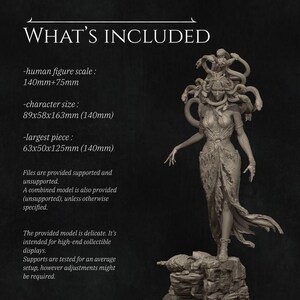 May include: A 3D printed model of Medusa, a Greek mythological figure with snakes for hair, standing on a rocky base. The model is 140mm tall and is intended for high-end collectible displays. Files are provided supported and unsupported.