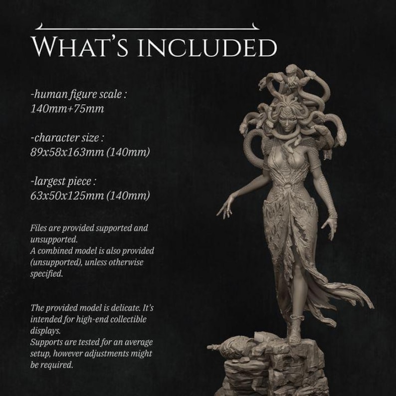 May include: A 3D printed model of Medusa, a Greek mythological figure with snakes for hair, standing on a rocky base. The model is 140mm tall and is intended for high-end collectible displays. Files are provided supported and unsupported.
