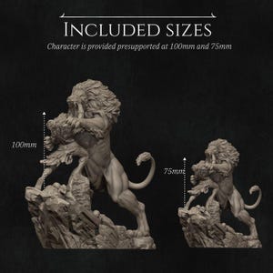 May include: Two miniature lion sculptures, one 100mm and one 75mm, depicting a lion attacking a smaller creature. The sculptures are detailed and realistic, with textured fur and sharp claws. The larger sculpture is posed on a rocky base, while the smaller sculpture is posed on a similar base.