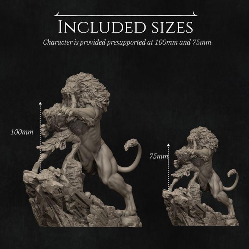 May include: Two miniature lion sculptures, one 100mm and one 75mm, depicting a lion attacking a smaller creature. The sculptures are detailed and realistic, with textured fur and sharp claws. The larger sculpture is posed on a rocky base, while the smaller sculpture is posed on a similar base.