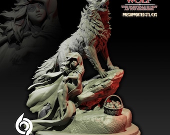 Può includere: Una miniatura in resina grigio chiaro raffigurante una ragazza con mantello con cappuccio seduta su una roccia accanto a un grande lupo ringhiante e un piccolo cesto di mele. Testo: THE GIRL AND THE WOLF, THE FAIRYTALE IS NOT AS YOU REMEMBER, PRESUPPORTED STL/LYS.