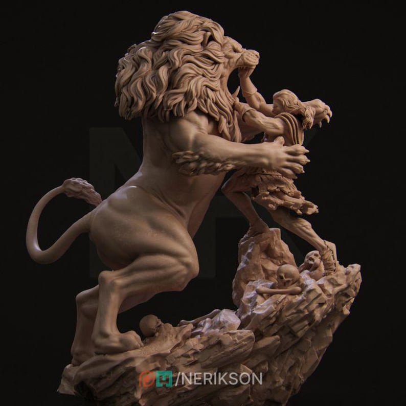 May include: A detailed sculpture of a lion attacking a man. The lion is depicted with a fierce expression, its teeth bared and claws extended. The man is struggling to defend himself, his arms raised in a defensive posture. The sculpture is made of a light brown material and is set against a dark background.