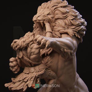 May include: A clay sculpture of a lion attacking a man. The lion has a large mane and is roaring with its mouth open. The man is wearing a loincloth and is trying to defend himself with his arms.