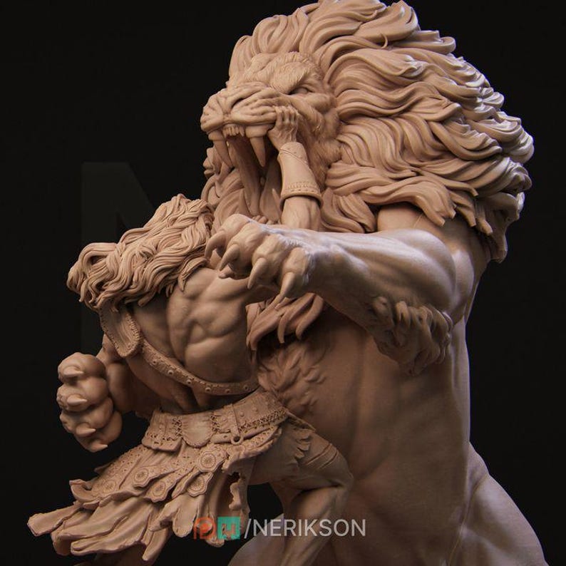 May include: A clay sculpture of a lion attacking a man. The lion has a large mane and is roaring with its mouth open. The man is wearing a loincloth and is trying to defend himself with his arms.