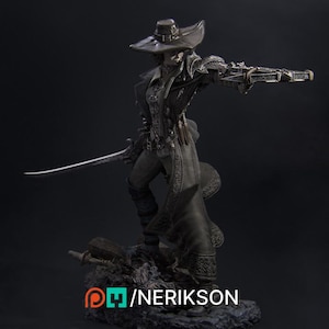 Puede incluir: Una figura gris oscura de una mujer con un abrigo y un sombrero negros, sosteniendo una ballesta y una espada. La figura está de pie sobre una base rocosa.