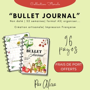 May include: A watercolor illustration of a garden scene with a red watering can, potted plants, and a red pepper. The illustration is on the cover of a bullet journal with the text "BULLET JOURNAL" in black lettering. The journal is 96 pages and is available in A5 size.