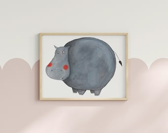 Lindo cartel de hipopótamo, impresión de hipopótamo, arte de pared de hipopótamo, arte de hipopótamo, decoración de vivero de animales safari, ilustración de hipopótamo, imprimibles de sala de juegos