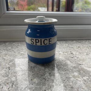 Puede incluir: Un tarro de especias de cerámica rayado en azul y blanco con una tapa blanca y la palabra "SPICE" impresa en letras negras.