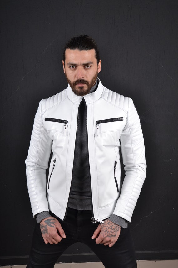 ジャケット・アウター White Single Leather Jacket Genuine White Lamb Leather Biker Jacket for Men, Upgrade Your