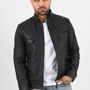 Veste en cuir d'agneau noir véritable, veste en cuir coupe décontractée pour hommes, veste en cuir faite main élégante de qualité supérieure