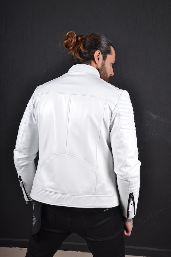 Genuine White Lamb Leather Biker Jacket for Men, Upgrade