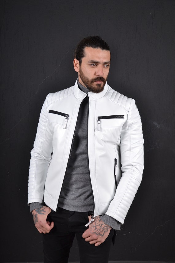 Genuine White Lamb Leather Biker Jacket for Men, Upgrade