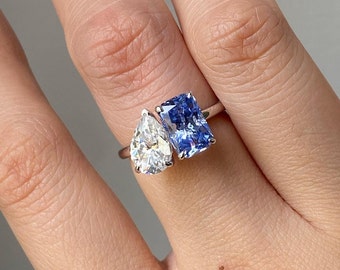 Tanzanite & Diamond Two Stone Ring: Sterling Silver Anniversary Ring