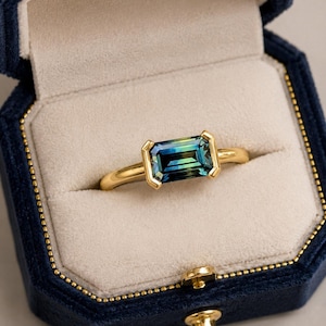 エメラルドラボ製ティールサファイア婚約指輪、スターリングシルバー製、9月の誕生石、女性へのギフト