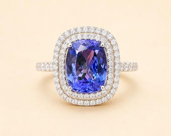 Cushion Cut Lab Tanzanite Ring, Sterling Silver Double Halo Engagement Ring