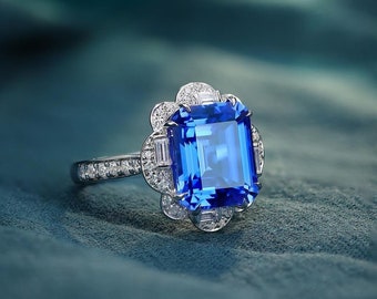 Emerald Cut Blue Sapphire Ring: Vintage Sterling Silver Anniversary Ring