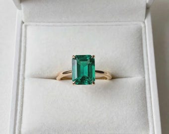 Emerald Cut, Lab Created Emerald Ring, 925 Sterling Silver Gemstone,
