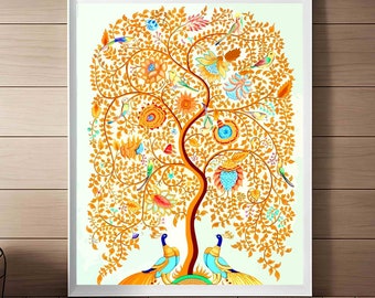 Kalamkari Tree of Life with Peacock art set of 2 Original Artwork, Instant Download, Traditional Indian Folk Art, Printable Wall Art