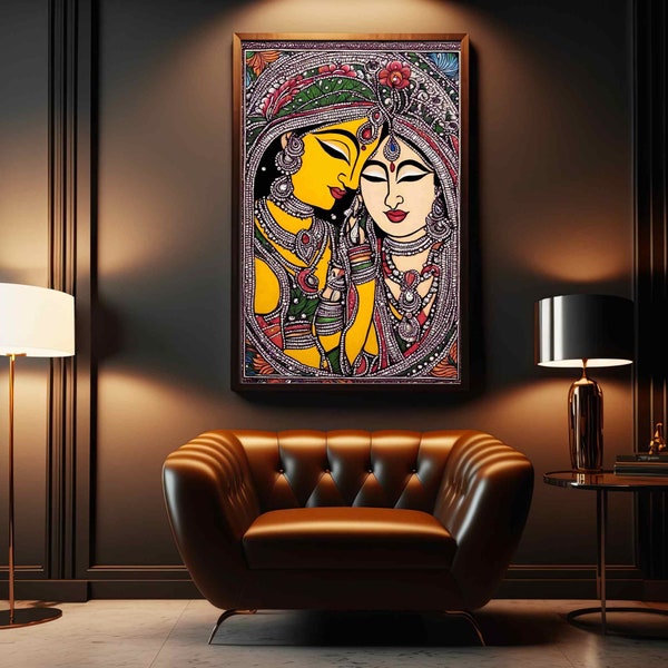 Indian Madhubani Painting, Radha Krishna Wall Art, Vintage Indian Folk Art Poster, Living Room decor, Digital Download.