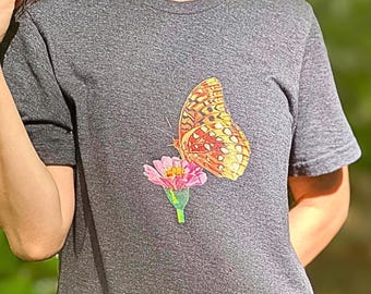 Floral Butterfly Organic Cotton Tee: Pink Zinnia Botanical Design