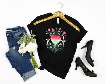 Botanical Heart Pulse T-Shirt: Eco-Friendly Plant Love Tee