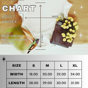 May include: Size chart for adult unisex t-shirts made from Bella + Canvas recycled organic fabric. The chart shows width and length measurements in inches for sizes S, M, L, and XL.