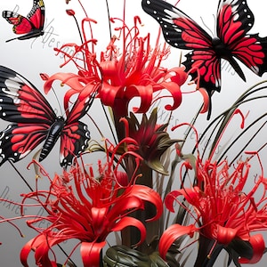 Lírio aranha com borboletas vermelhas arquivos png/desenhos de copo/arte de parede/sublimação