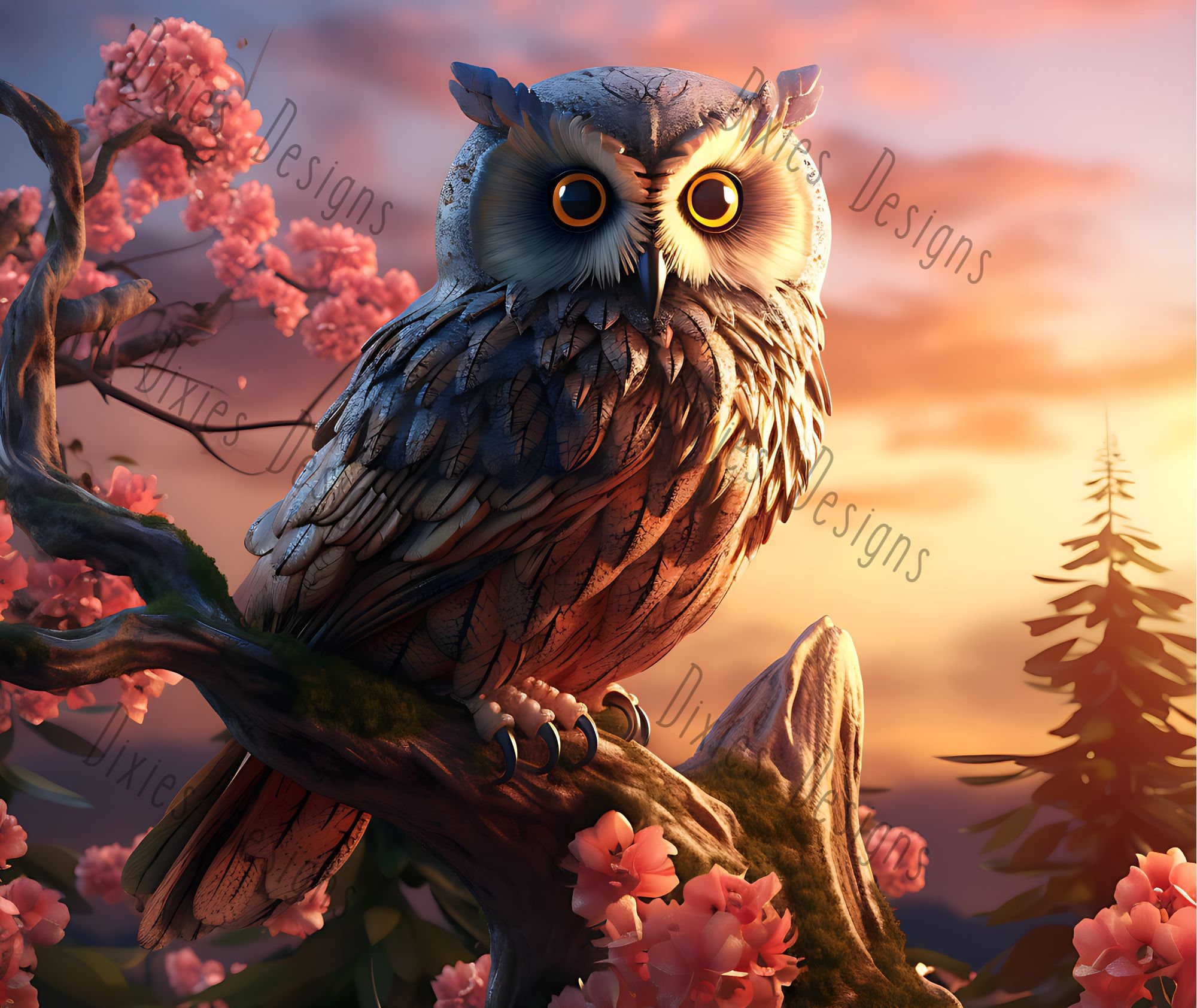 owl with a sunset png file/ tumbler designs/ wall art/ sublimation