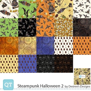 May include: A patchwork of fabric squares with various steampunk and Halloween-themed patterns. Designs include gears, bats, keys, and vintage illustrations in colors like orange, green, and black. The fabric is labeled "Steampunk Halloween 2 by Desiree's Designs."