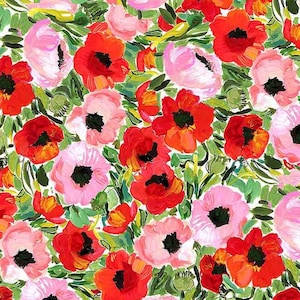 May include: A vibrant floral pattern featuring red and pink poppies with black centers, set against a backdrop of green foliage. The artwork has a painterly style with visible brushstrokes, creating a textured and lively design.