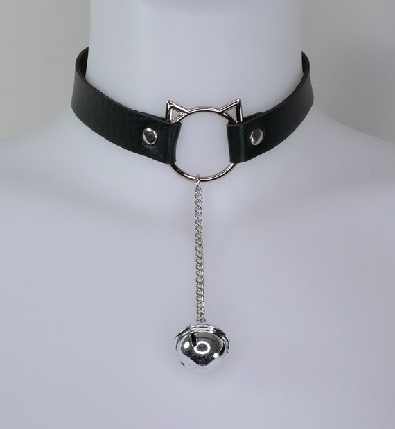Collier fetish chat grelot cuir PU noir et acier ajustable