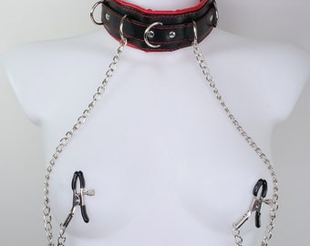 Collier cuir PU noir et rouge avec pinces à seins collier bdsm cadenassable