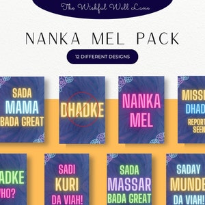 Puede incluir: Doce diseños diferentes de tarjetas digitales imprimibles coloridas con texto en hindi. El texto incluye las palabras "NANKA MEL", "SADA MAMA BADA GREAT", "DHADKE", "SADI KURI DA VIAH!" y más.