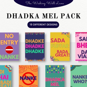 May include: Nine colorful cards with different designs and text in Hindi. The cards feature a variety of colors, including red, blue, green, yellow, and pink. The text on the cards includes phrases like "Dhadke Dhadke Dhadke", "Sada Fufar Bada Great!" and "Nanke Who?"