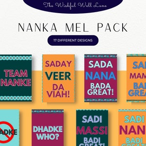 May include: A set of 10 colorful cards with different phrases in Hindi and English. The cards feature a variety of colors and patterns, including red, orange, yellow, green, blue, and purple. The phrases on the cards include "Team Nanke", "Saday Veer Da Viah!" , "Sada Nana Bada Great!" , "Sadi Massi Badi Great!" , "Dhadke Who?" , "Sadi Nan Badi Great!" , "Adke" and more.
