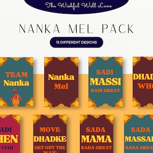 Puede incluir: Una colección de 15 diseños diferentes, cada uno con texto en negrita y colorido. Los diseños están sobre fondos de color turquesa, marrón y naranja, con bordes florales decorativos. Las palabras "Nanka Mel Pack" se muestran en la parte superior.