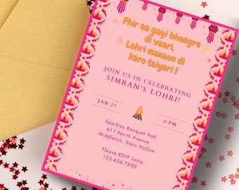 May include: Pink invitation card with a festive design featuring lanterns and fireworks. The text reads "Phir aa gayi bhangre di vaari, Lohri manaun di karo taiyari!"  Join us in celebrating Simran's Lohri! Jan 27, 6 PM. Sparkles Banquet Hall, 611 North Avenue, Middleton, Stars Hollow. Please RSVP Jassy 123-456-7890.