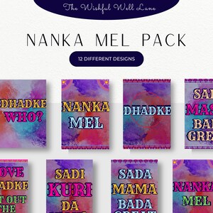 May include: Twelve colourful digital printable cards with various phrases in Hindi and English. The phrases include "NANKA MEL", "DHADKE WHO?", "SADI KURI DA", "SADA MAMA BADA", and more. The cards are designed with a watercolour background and have a purple, pink, and blue colour scheme.