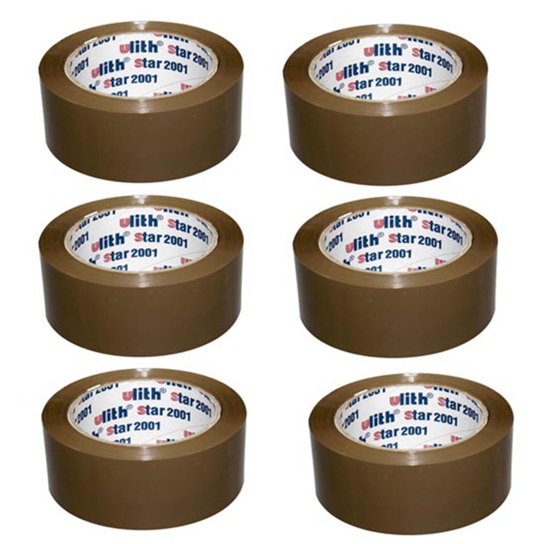 May include: Six rolls of brown packing tape with the text "ulith&reg; star 2001" printed on the tape.
