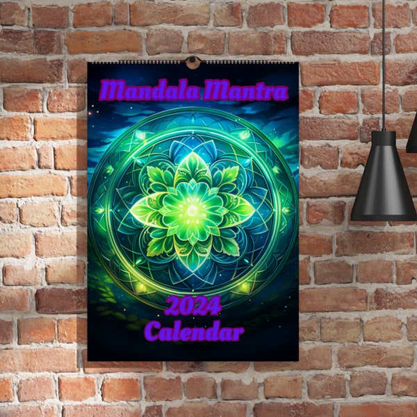 Calendrier mural Mandala Mantra 2024, mandala psychédélique éclectique coloré Om, organiseur de date art graphique, concentration de méditation sereine, calmant.