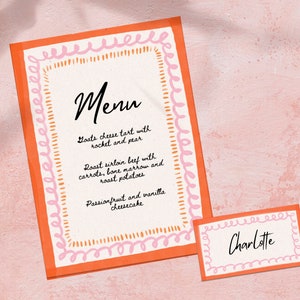 Personalisierte Menüvorlage und Namenskarte, bearbeitbares Hochzeitsbriefpapier, handgezeichnetes wellenförmiges Squiggle-Menü, Babyparty, Junggesellinnenabschied