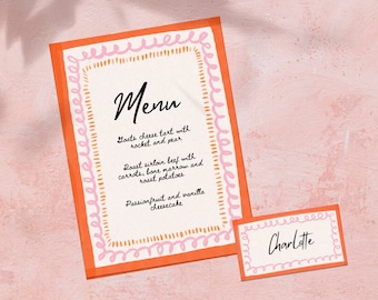 Personalised Menu Template and Name Card, Editable Wedding Stationery, Hand Drawn Wavy Squiggle Menu, Baby Shower, Hen Do Bachelorette Party