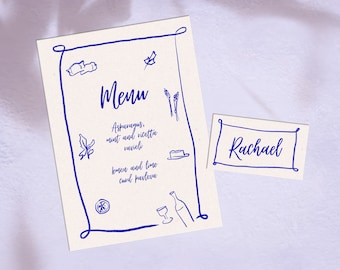 Hand Drawn Editable Menu and Name Card, Wedding Menu, Wedding Stationery, Party Menu, Printable Menu, Italian Menu, French Menu, Food
