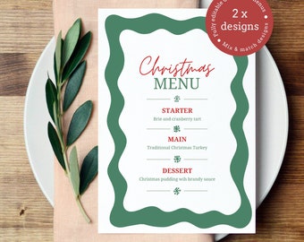 Christmas Menu, Christmas Menu Template, Printable Christmas Menu, Xmas Menu, Instant Download, DIY, Minimal, Edit with CANVA, Wavy menu